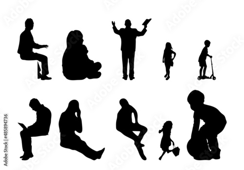 Vector silhouettes, Outline silhouettes of people, Contour drawing, people silhouette, Icon Set Isolated, Silhouette of sitting people, Architectural set	
