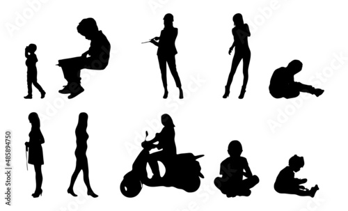 Vector silhouettes, Outline silhouettes of people, Contour drawing, people silhouette, Icon Set Isolated, Silhouette of sitting people, Architectural set	
