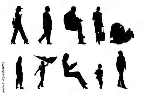 Vector silhouettes, Outline silhouettes of people, Contour drawing, people silhouette, Icon Set Isolated, Silhouette of sitting people, Architectural set	
