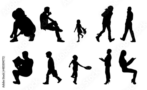 Vector silhouettes, Outline silhouettes of people, Contour drawing, people silhouette, Icon Set Isolated, Silhouette of sitting people, Architectural set	
