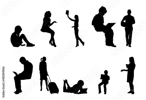 Vector silhouettes, Outline silhouettes of people, Contour drawing, people silhouette, Icon Set Isolated, Silhouette of sitting people, Architectural set	
