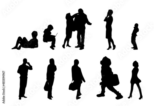 Vector silhouettes, Outline silhouettes of people, Contour drawing, people silhouette, Icon Set Isolated, Silhouette of sitting people, Architectural set	
