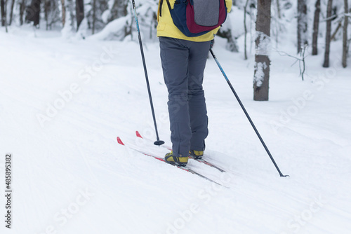 Cross country skilling.Skiers are skiing in the winter forest.