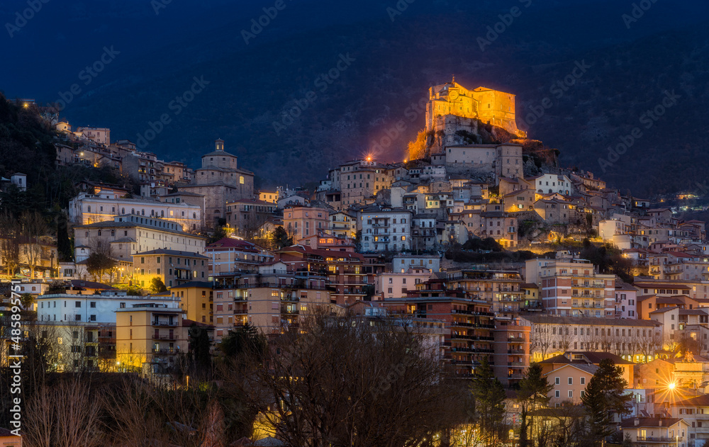 Obraz premium The beautiful town of Subiaco illuminated in the evening. Province of Rome, Lazio, Italy.
