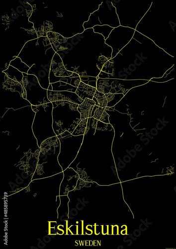 Black and Yellow map of Eskilstuna Sweden.