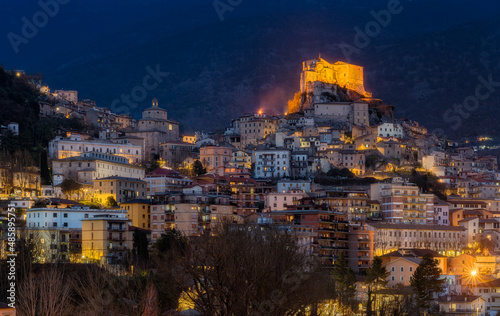 The beautiful town of Subiaco illuminated in the evening. Province of Rome, Lazio, Italy. photo