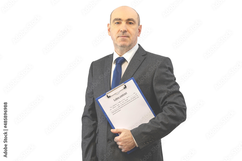 A man in a holds a folder with a white sheet in his hands. A man in a holds a folder with a white sheet in his hands.