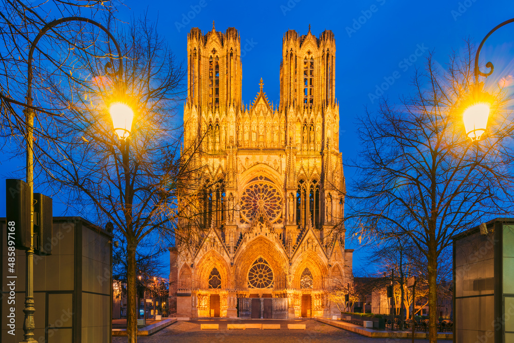 Reims Cathedral in Reims France at Dusk