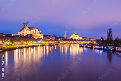 Skyline of Auxerre, Burgundy, France with Yonne River at Dusk