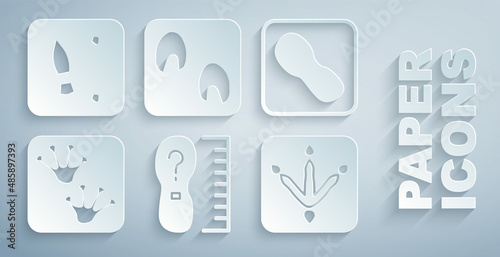 Set Square measure foot size, Human footprints shoes, Frog paw, Chicken, Horse and icon. Vector