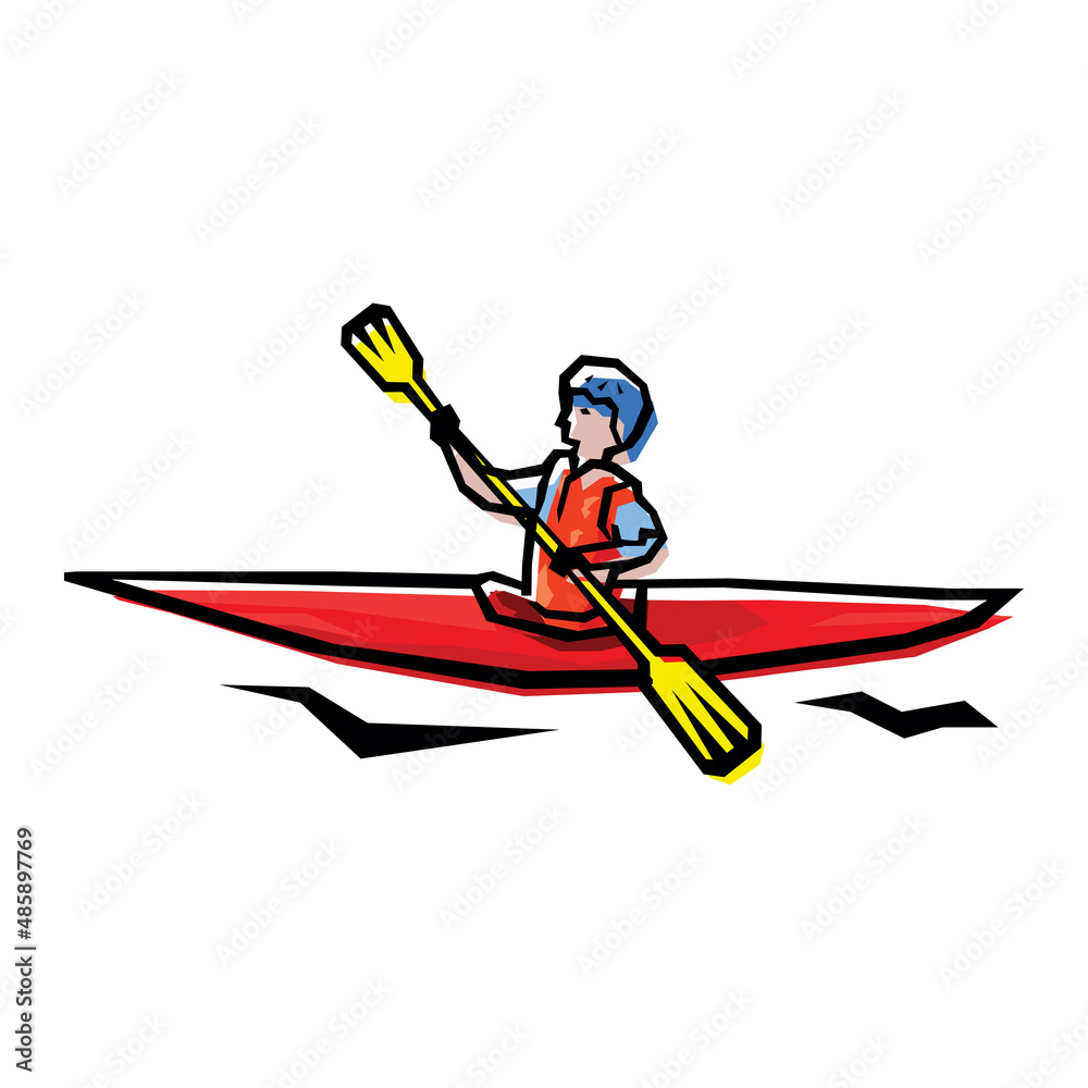 Tourist paddle in kayak. Active recreation and sports rivers and lakes. Man life jacket paddles one seater canoe through water. Extreme rafting along mountain river flow. Vector flat concept isolated