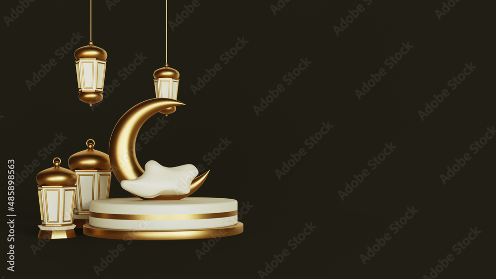 Islamic ramadan greetings, composition with 3d crescent moon and arabic lanterns