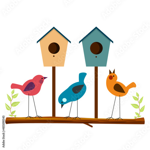 Three birds of different colors and two birdhouses on the background. Vector graphics