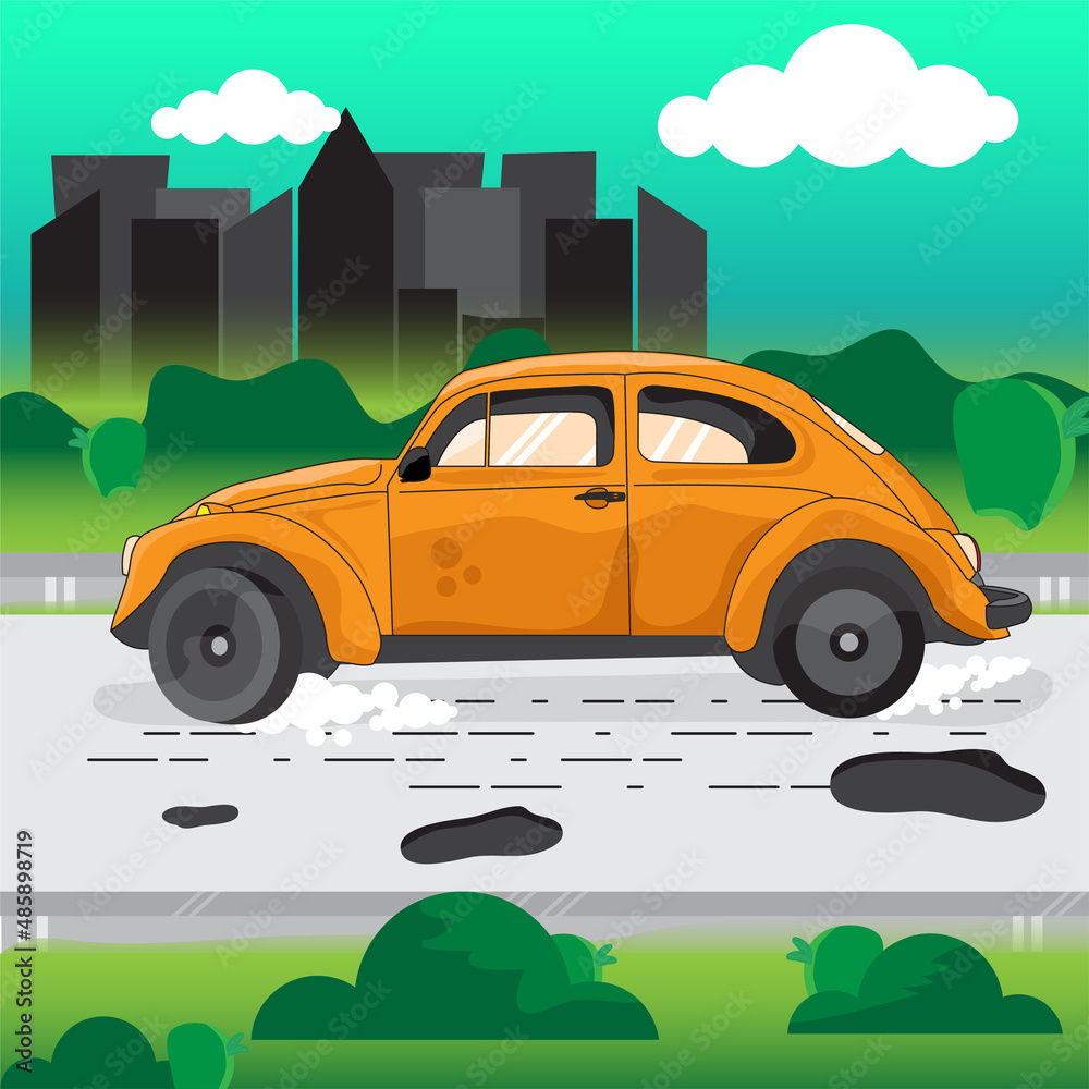 Yellow car on road and landscape of field and countryside with cloud on sky vector illustration.