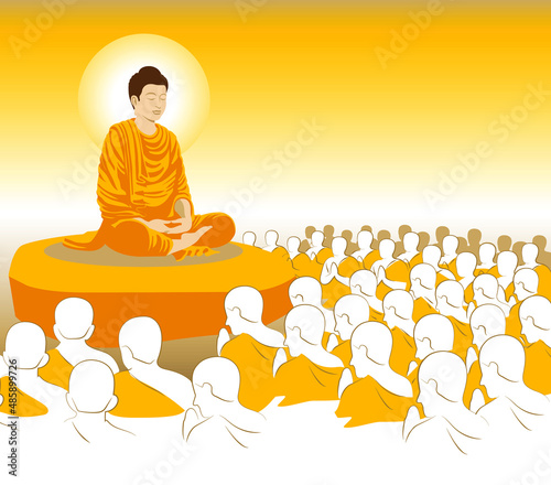 beautiful Vector of Lord of golden Buddha Enlightenment mediating sitting with crowd of monk for Makha, Visakha, Asarnha Bucha, Visak and buddhist lent day asian religion holiday, vintage retro style