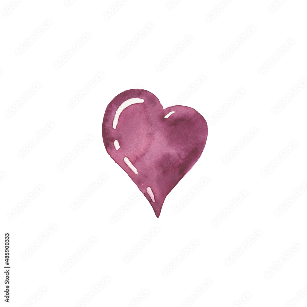 Heart Shiny glossy candy red. Watercolor Symbols. Gem. Valentines day, wedding, romantic, party design, congratulation, love message, invitation card. Hand-draw clipart illustration isolated on white