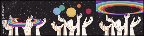 Raised human hands. Rainbow and planets in space. Retro sci-fi poster