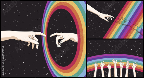 Reaching hands. Rainbow in space. Starry sky. Romantic LGBT poster set