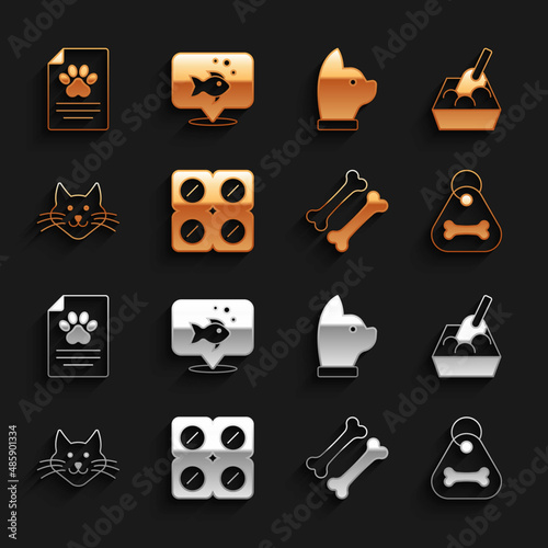 Set Dog pill, Cat litter tray with shovel, collar bone, Medical clinical record pet and Fish icon. Vector