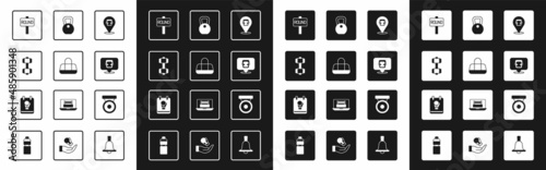 Set Boxing helmet, Sport bag, Dumbbell, ring board, Weight, gong and glove icon. Vector