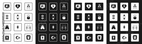 Set Sport expander, Smart watch with heart, Dumbbell, Boxing glove, Weight, Jump rope and short icon. Vector