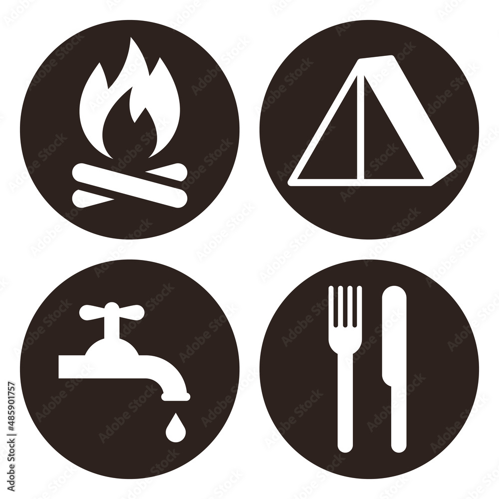 Capmfire sign, tent sign, drinking water sign and restaurant sign camping area icon set Capmfire sign, tent sign, drinking water sign and restaurant sign camping area icon set