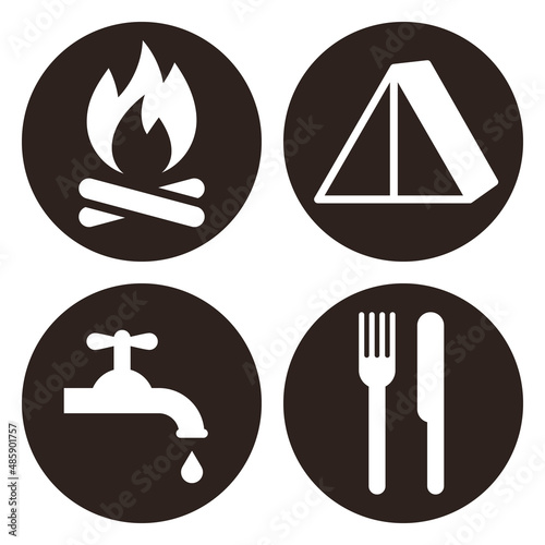 Capmfire sign, tent sign, drinking water sign and restaurant sign camping area icon set