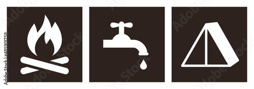Capmfire sign, drinking water sign and tent sign, camping area icon set