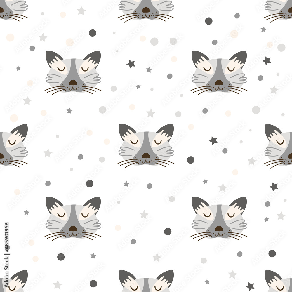 Seamless Pattern with cat faces. Vector illustration.