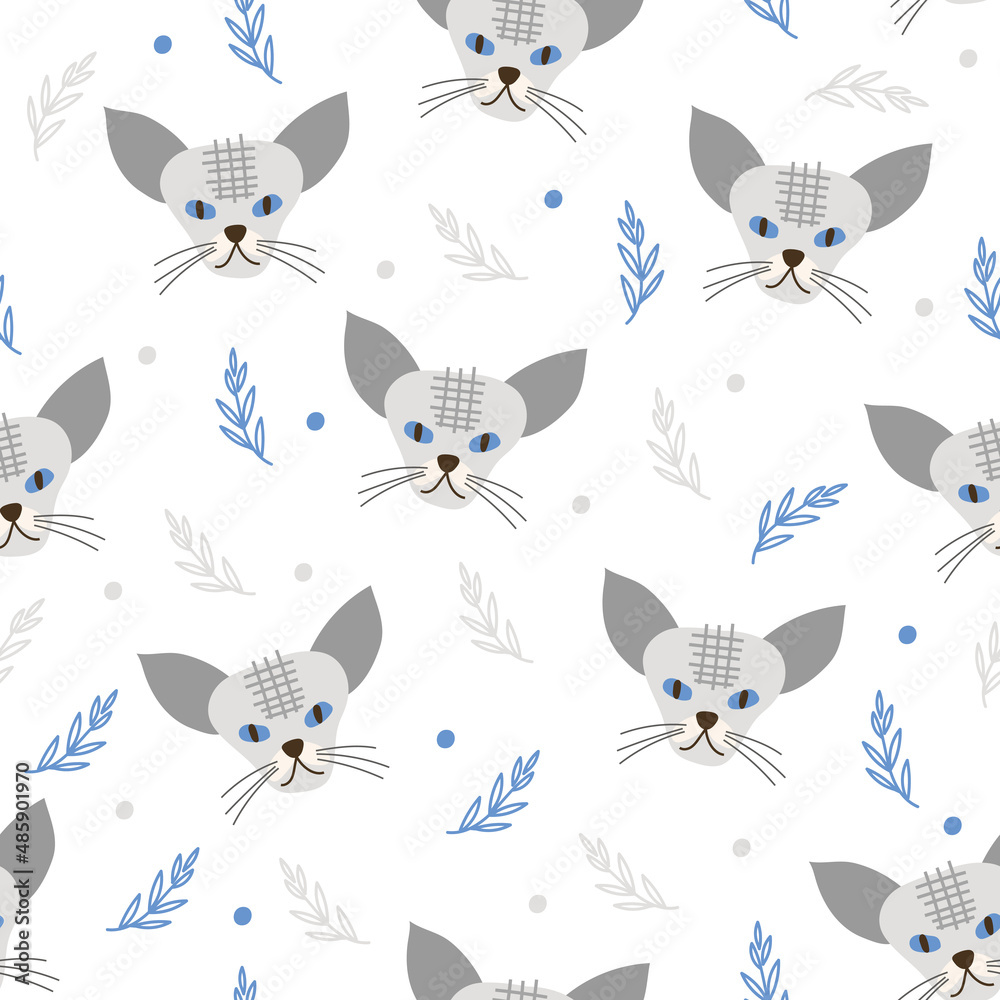 Seamless Pattern with cat faces. Vector illustration.