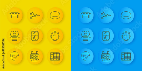 Set line Hockey helmet, jersey, Air hockey table, Locker or changing room, Stopwatch, puck and Championship tournament bracket icon. Vector