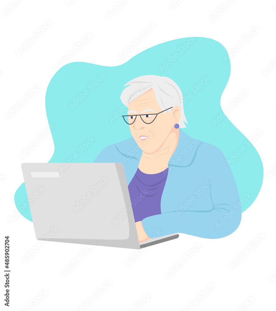 Senior woman is using a laptop, communicating on Internet, online shopping. Flat vector illustration isolated on white. Technology, social network concept Senior woman is using a laptop, communicating on Internet, online shopping. Flat vector illustration isolated on white. Technology, social network concept