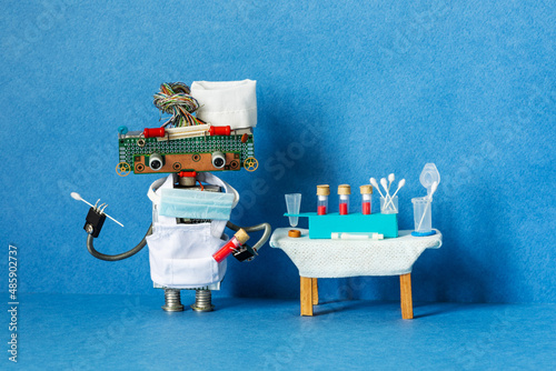 Medic robot holds a test tube with a patient s blood sample, stick for scraping and Polymerase chain reaction research. Laboratory coronavirus diagnostic.