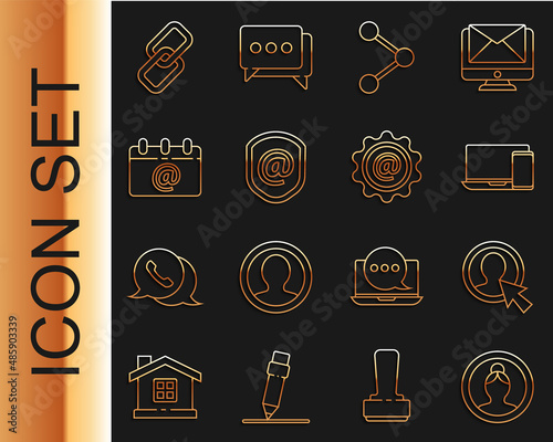 Set line Create account screen, Monitor and phone, Share, Shield with mail e-mail, Calendar email, Chain link and Mail icon. Vector
