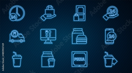 Set line Coffee cup to go, Food ordering, Online and delivery, Fast by car, Clock 24 hours, burger and icon. Vector