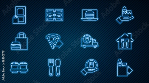 Set line Online ordering and delivery, burger, pizza, Fast by car and Restaurant cafe menu icon. Vector