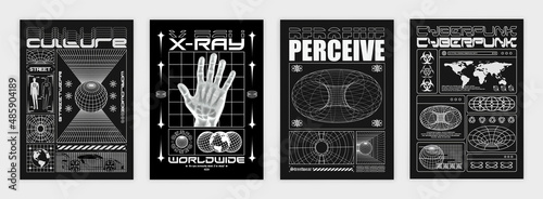 Collection of modern black and white posters. In techno style, stylish print for streetwear, print for t-shirts and sweatshirts. Isolated on black background