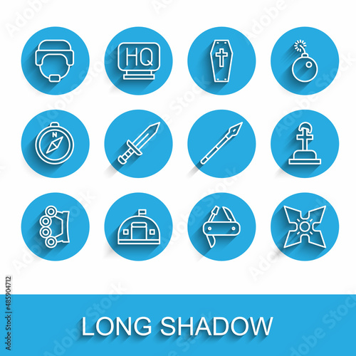 Set line Brass knuckles, Military barracks, helmet, Swiss army knife, Japanese ninja shuriken, Sword, Soldier grave and Medieval spear icon. Vector