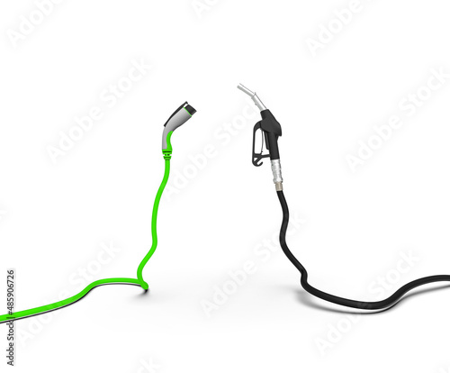 3D rendering gas nozzle vs electric vehicle charging plug isolate on white background. Alternative future with renewable energy