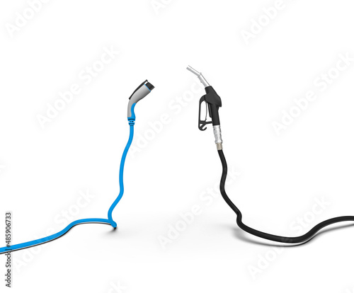  gas nozzle vs electric vehicle charging plug isolate on white background. Alternative future with renewable energy