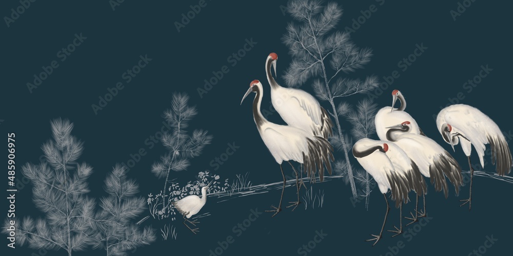 Fototapeta White cranes, dark blue background. Abstract watercolor paint background grunge texture. Interior Wallpaper. Mural for the walls, fresco for the room, interior grunge style