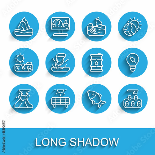 Set line Volcano eruption with lava, Solar energy panel, Iceberg, Dead fish, Deforestation, Tornado, Light bulb leaf and Barrel oil icon. Vector