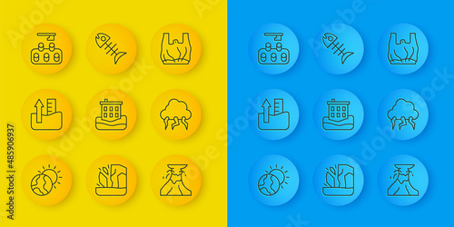 Set line Global warming, Rise water level, House flood, Volcano eruption with lava, Storm, Deforestation, Say plastic bags poster and Dead fish icon. Vector
