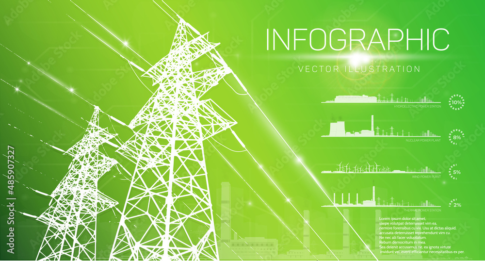 Power plants of various types, electrical pylons infographics. Stock ...