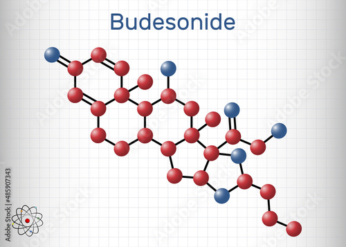 Budesonide,BUD molecule. It is corticosteroid used to treat Crohn's disease, asthma, COPD, hay fever, allergies, ulcerative colitis. Molecule model. Sheet of paper in a cage