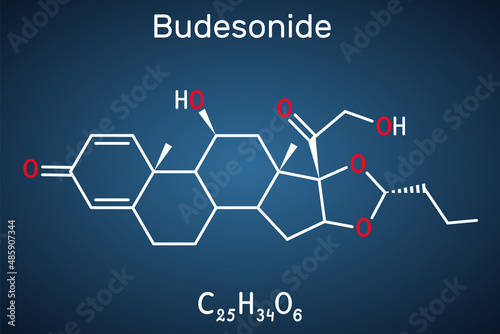 Budesonide,BUD molecule. It is corticosteroid used to treat Crohn's disease, asthma, COPD, hay fever, allergies, ulcerative colitis. Structural chemical formula on the dark blue background