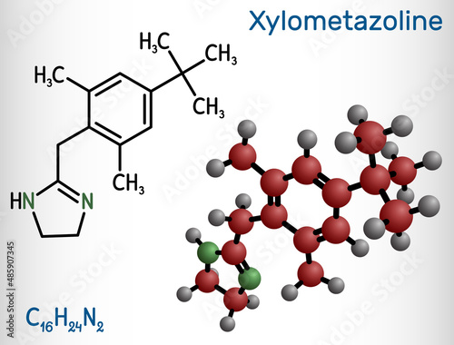 Xylometazoline, xylomethazoline molecule. It is used for the treatment of nasal congestion. Structural chemical formula and molecule model