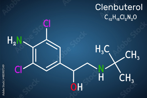 Clenbuterol molecule. It is sympathomimetic amine, decongestant, bronchodilator, used in respiratory conditions, in asthma. Structural chemical formula, the dark blue background photo