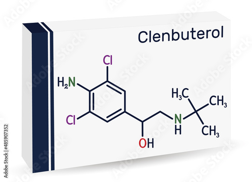 Clenbuterol molecule. It is sympathomimetic amine, decongestant and bronchodilator, used in respiratory conditions, in asthma. Skeletal chemical formula. Paper packaging for drugs