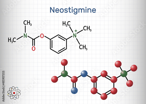 Neostigmine molecule. It ischolinesterase inhibitor for symptomatic treatment of myasthenia gravis by improving muscle tone. Structural chemical formula, molecule model. Sheet of paper in a cage photo